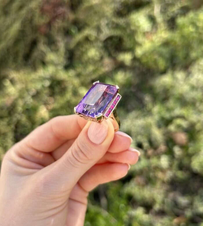 Inel Art Deco din aur de 18k cu ametist si rubine naturale