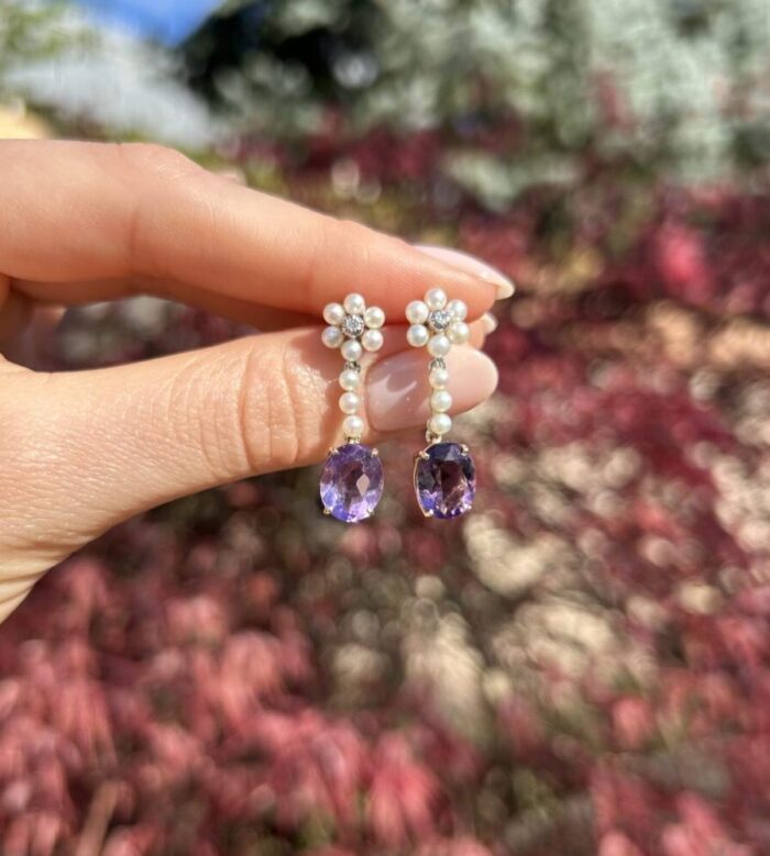 Cercei vintage din aur de 18k cu perlute, ametist si diamante naturale