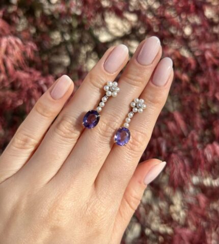 Cercei vintage din aur de 18k cu perlute, ametist si diamante naturale
