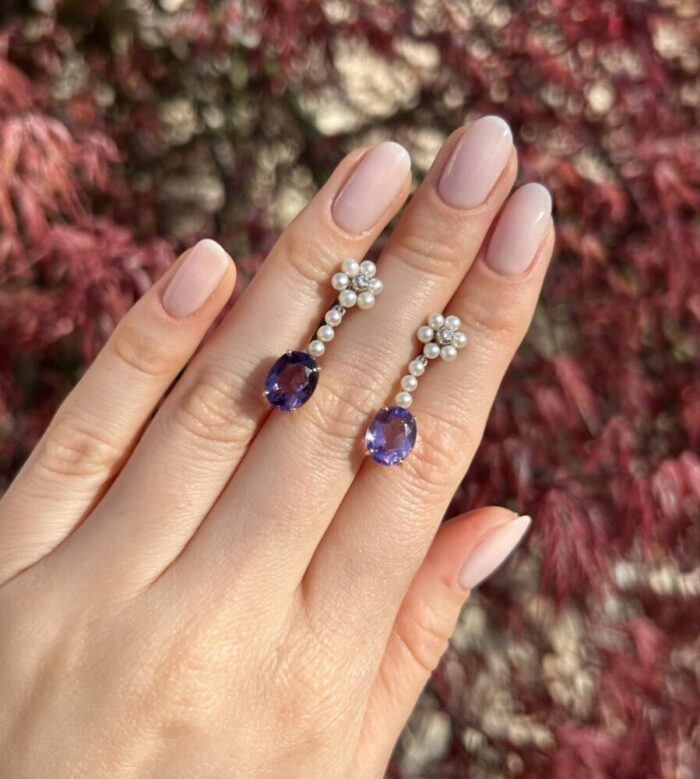 Cercei vintage din aur de 18k cu perlute, ametist si diamante naturale