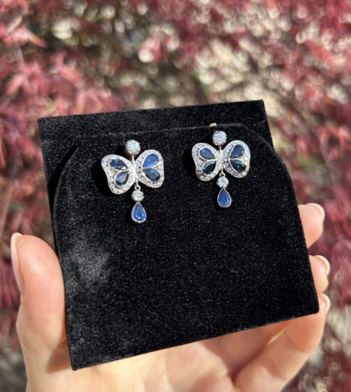 Cercei vintage din aur de 18k si argint cu safire si diamante naturale