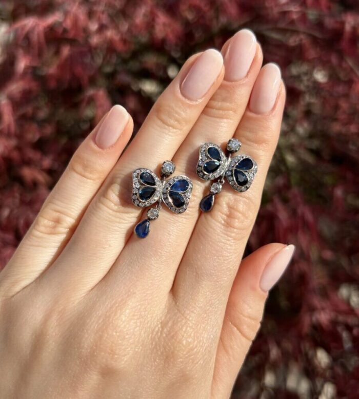 Cercei vintage din aur de 18k si argint cu safire si diamante naturale