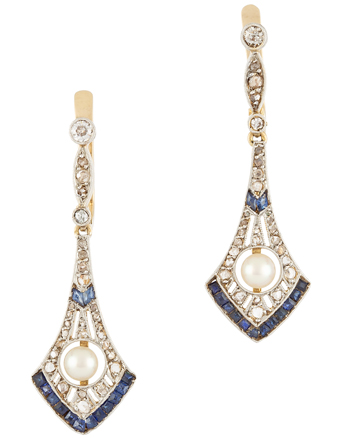 Cercei autentici Art Deco din aur de 18k cu safire, perle si diamante naturale, cercei cu pietre pretioase, cercei dama aur