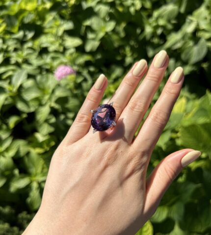 Inel vintage din aur de 18k, ametist si diamante naturale