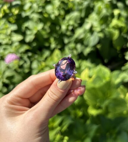 Inel vintage din aur de 18k, ametist si diamante naturale