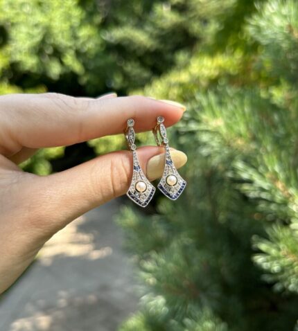 Cercei autentici Art Deco din aur de 18k cu safire, perle si diamante naturale