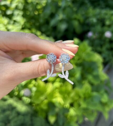 Cercei 2 in 1 din aur alb de 14k cu acvamarin si diamante naturale