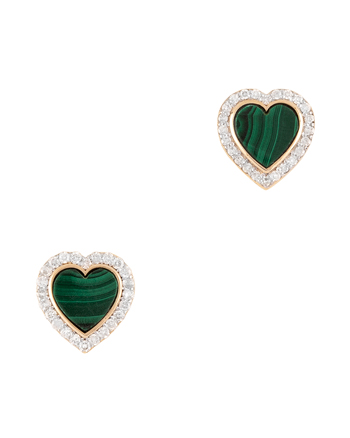 Cercei inimioare, cercei stud din aur de 14k cu malahit si diamante naturale, cerceu aur dama