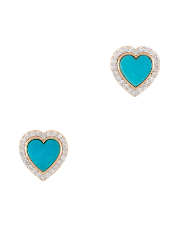 Cercei stud inimioare din aur de 14k cu turcoaz si diamante naturale, cercei aur dama, cercei cu turcoaz