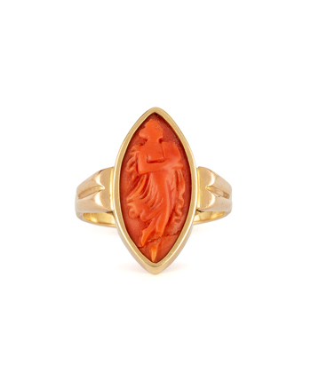 Inel vintage din aur de 18k si coral natural sculptat, inel aur dama, inel cu coral, inel cu piatra, inel de aur