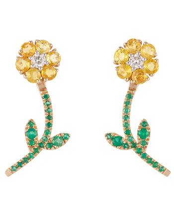 Cercei 2 in 1 din aur alb de 14k cu safire galbene, smaralde si diamante naturale, cecei lungi, cercei aur dama