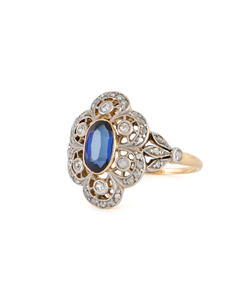 Inel vintage din aur de 14k si platina cu safir de sinteza si diamante naturale, inel platina, inel aur piatra albastra, inel aur dama
