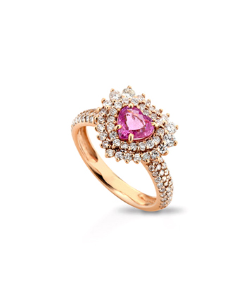 Inel din aur de 18K cu safir roz si diamante, inel aur femei, inel inima, inel cu piatra roz